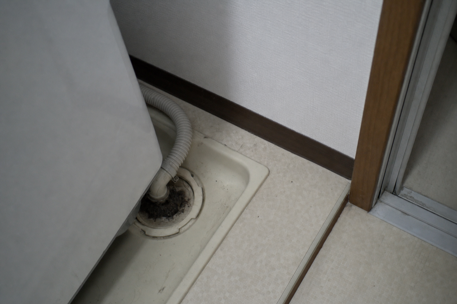 洗濯機の排水口に糸くずや髪の毛が溜まっている様子