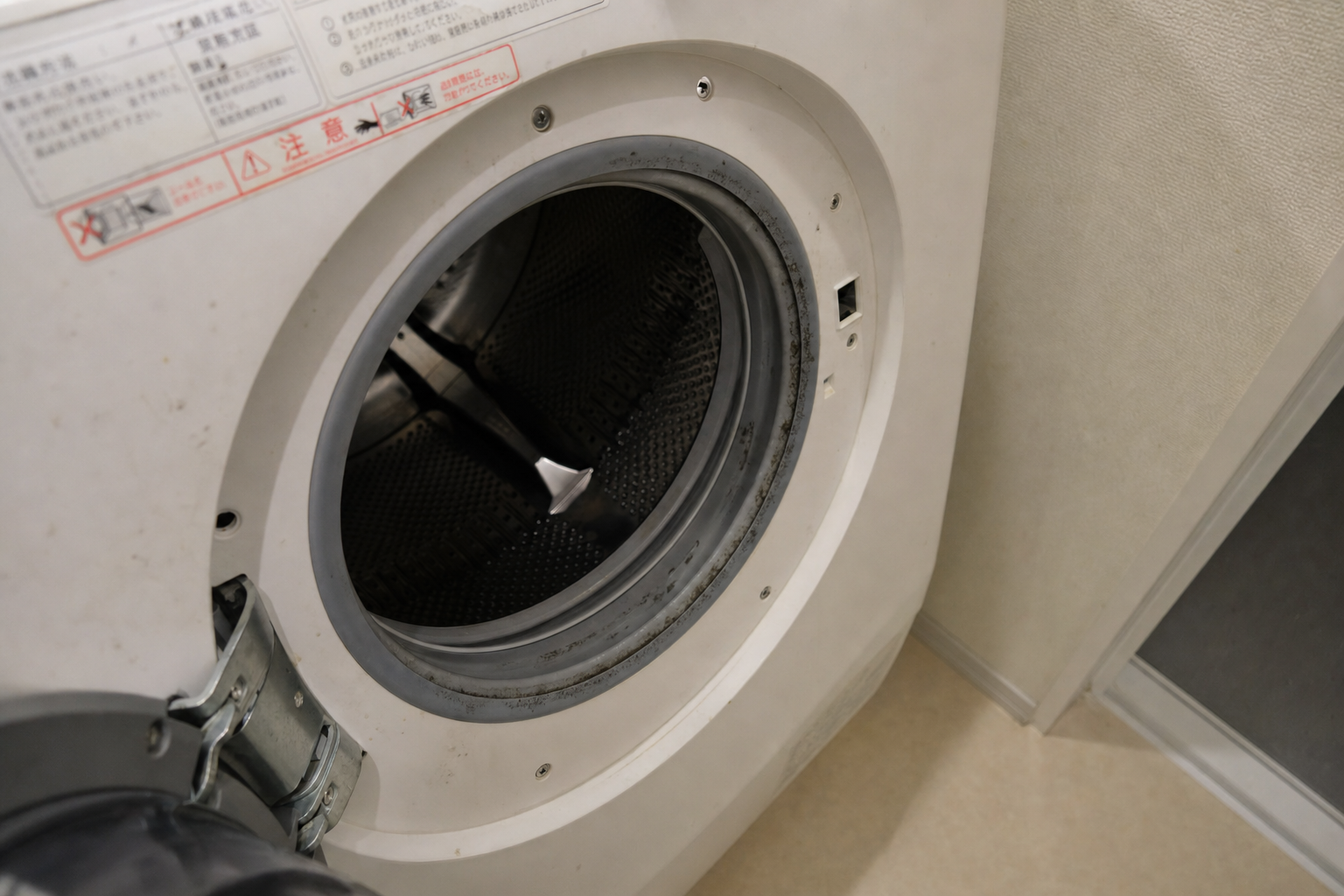 洗濯機のゴムパッキンがカビなどで汚れている様子
