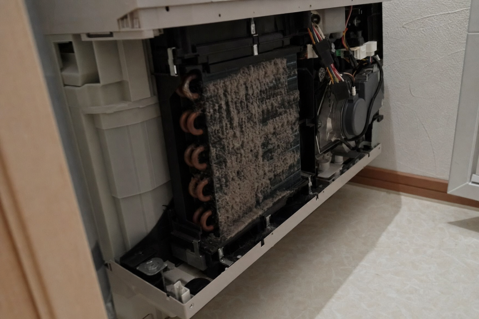 ヒートポンプ式のドラム式洗濯機のヒートポンプユニット内部にホコリが蓄積している状態