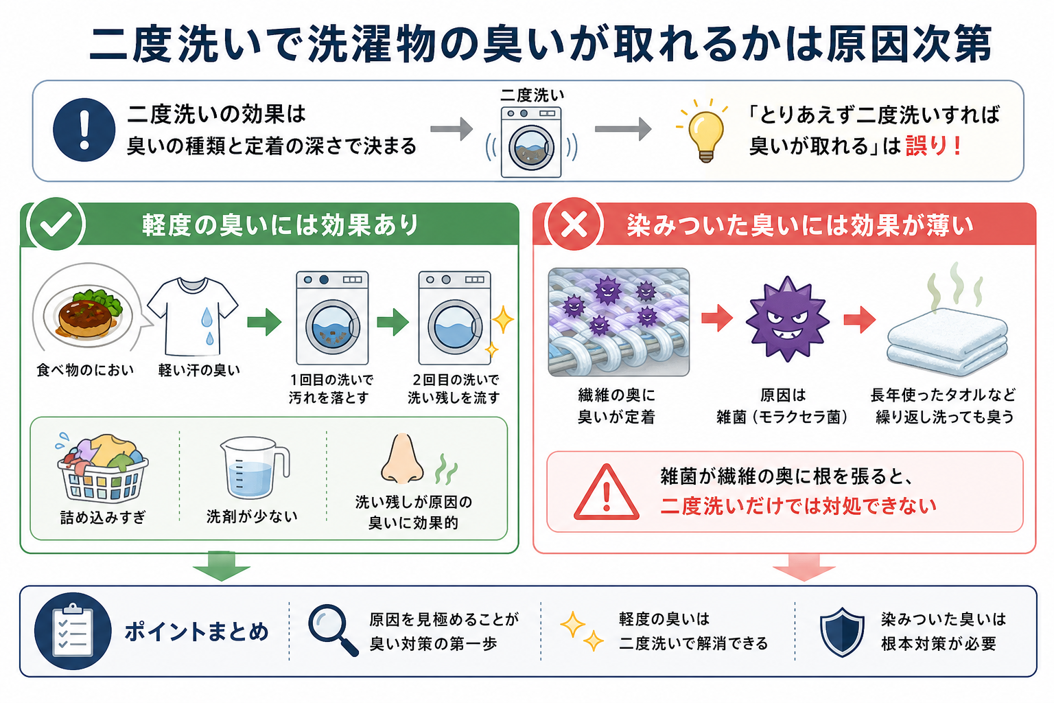 二度洗いで洗濯物の臭いが取れるかは原因次第