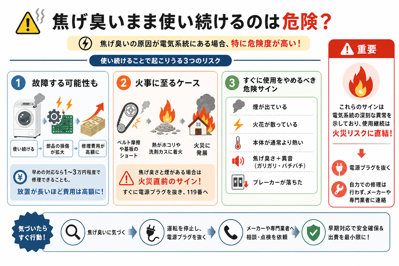 焦げ臭いまま使い続けるのは危険?
