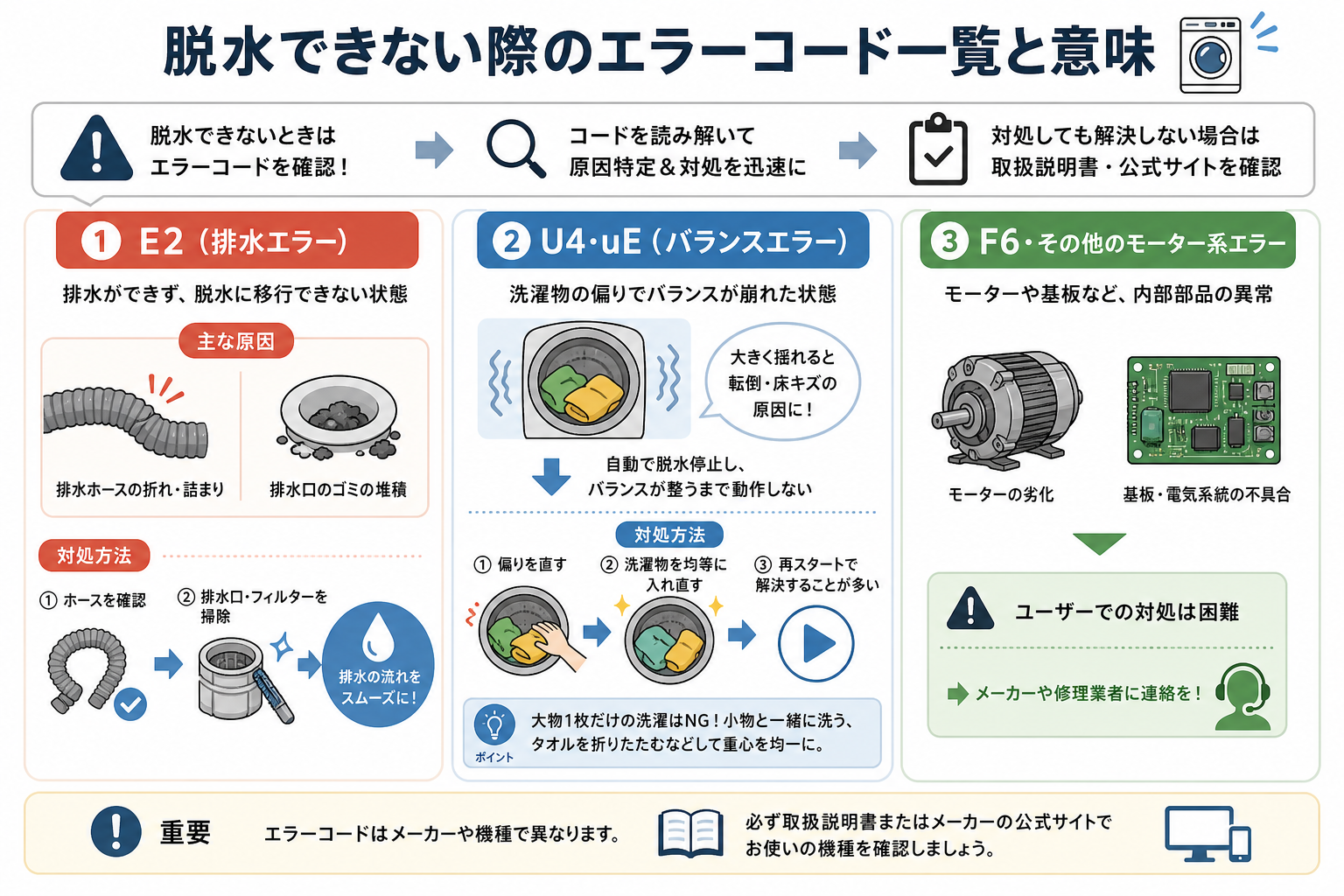 脱水できない際のエラーコード一覧と意味