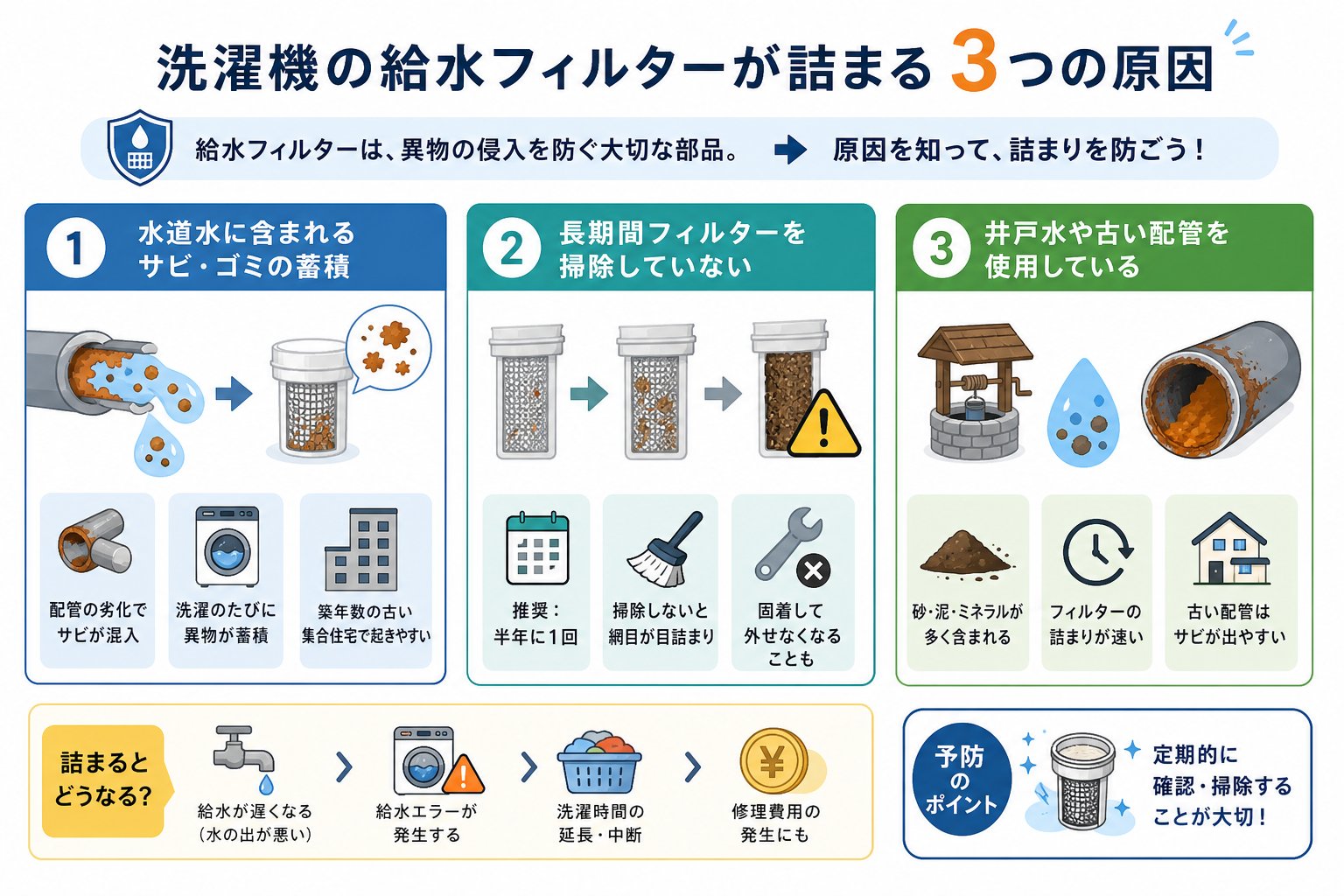 洗濯機の給水フィルターが詰まる3つの原因